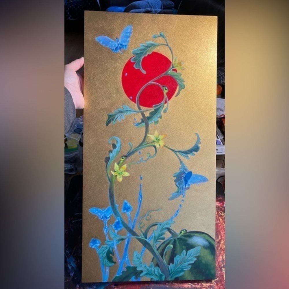 ORIGINAL Butterfly's Painting Surrealist Watermelon Mushroom Art Gold Accent EAE - Picture 5 of 9